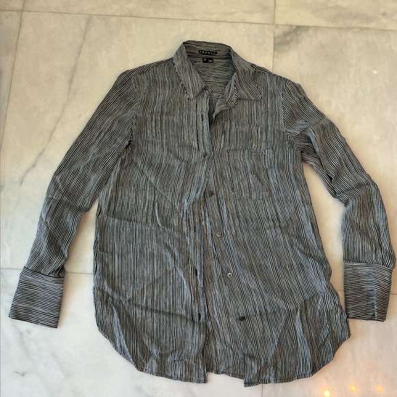 Theory stripped Silk Blouse Button-down Top, Petite XS - Picture 3 of 9